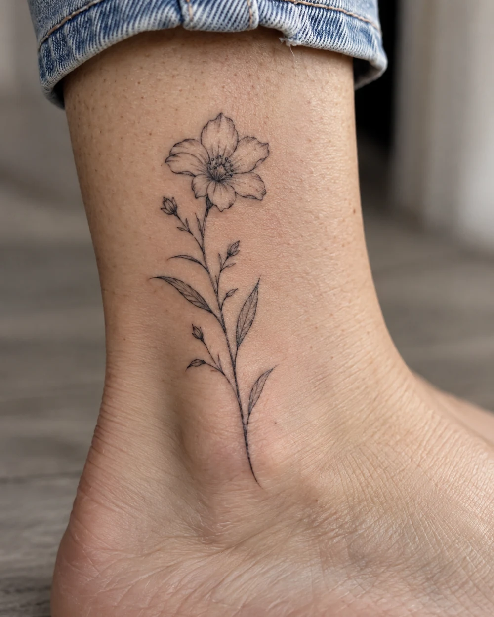 Slender black fine-line wildflower tattoo with an open bloom and leafy stem on the outer ankle