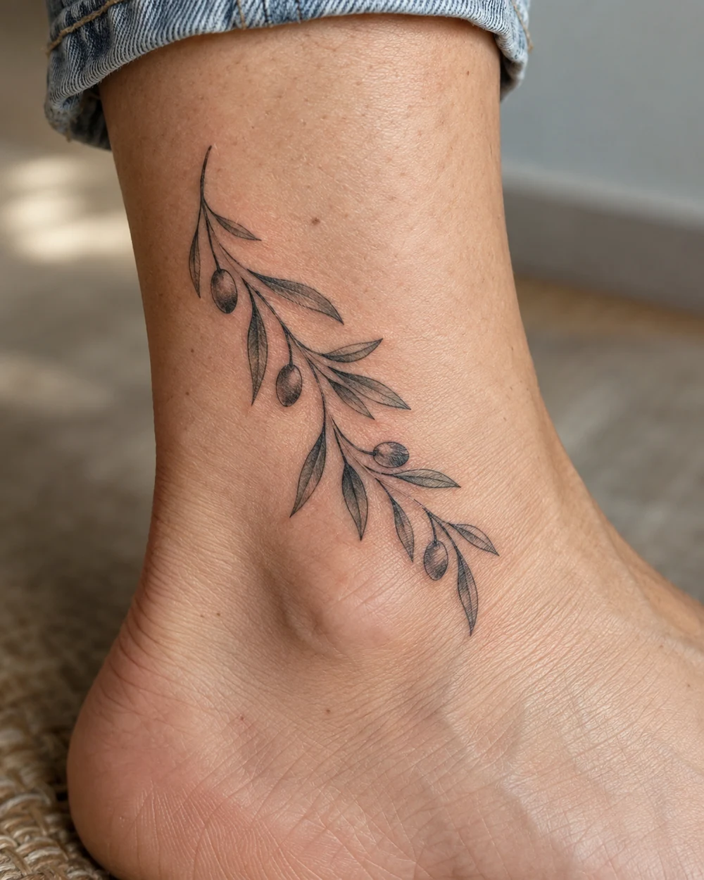 Fine-line olive branch tattoo with shaded olives curving along the outer ankle