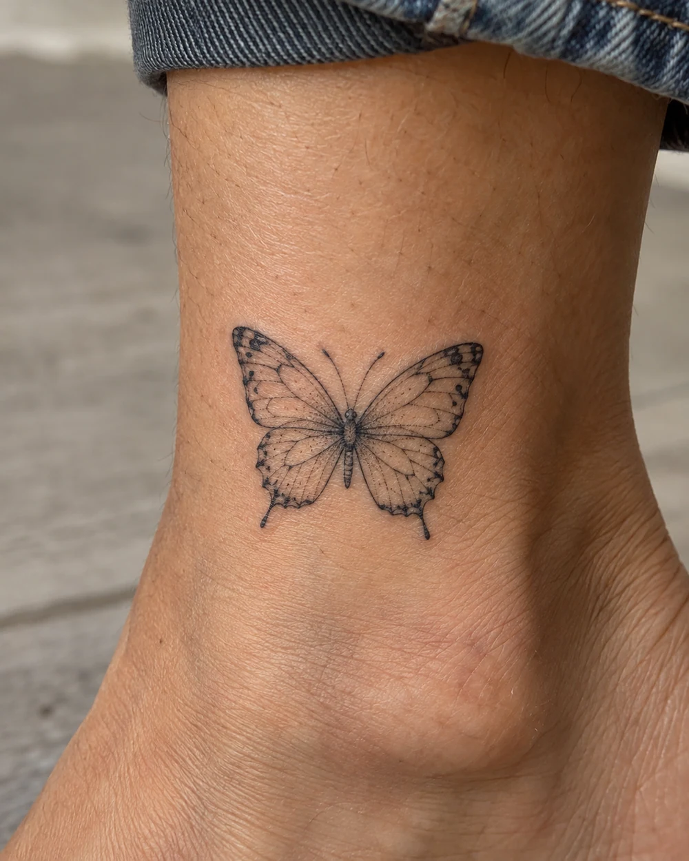 Fine-line butterfly tattoo above the ankle bone, with full symmetrical wings
