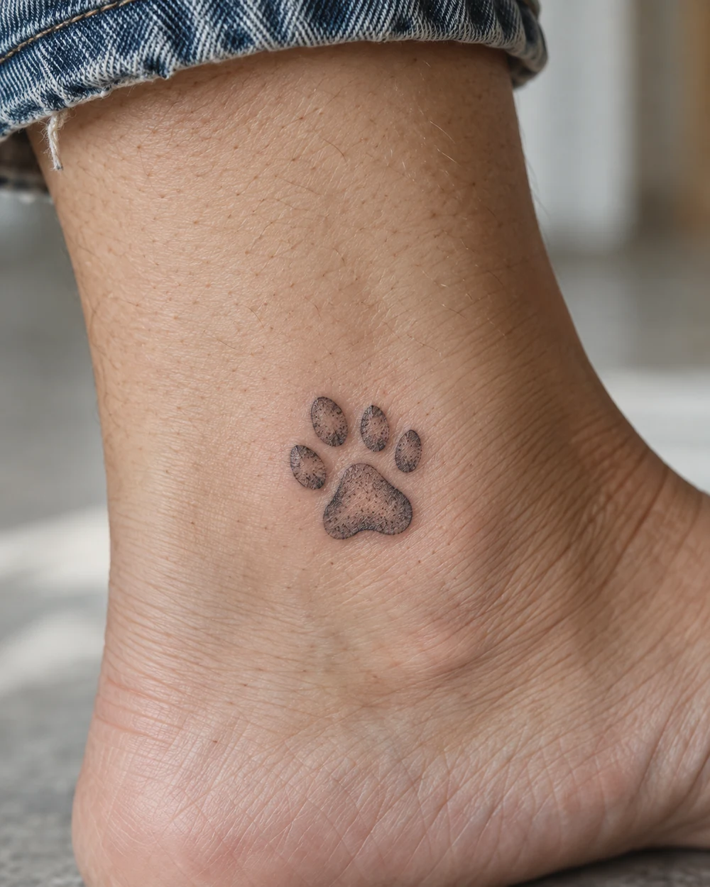 Small black paw-print tattoo on the outer ankle
