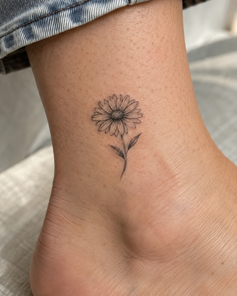 Fine-line daisy tattoo above an ankle bone