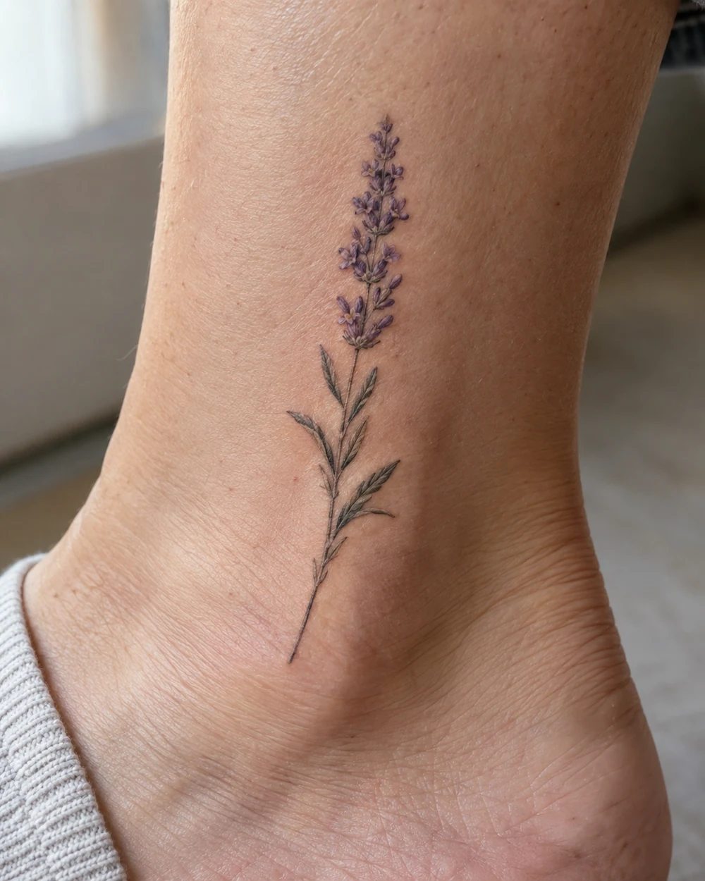 Fine-line lavender tattoo with leaves and a purple flower head on the lower ankle