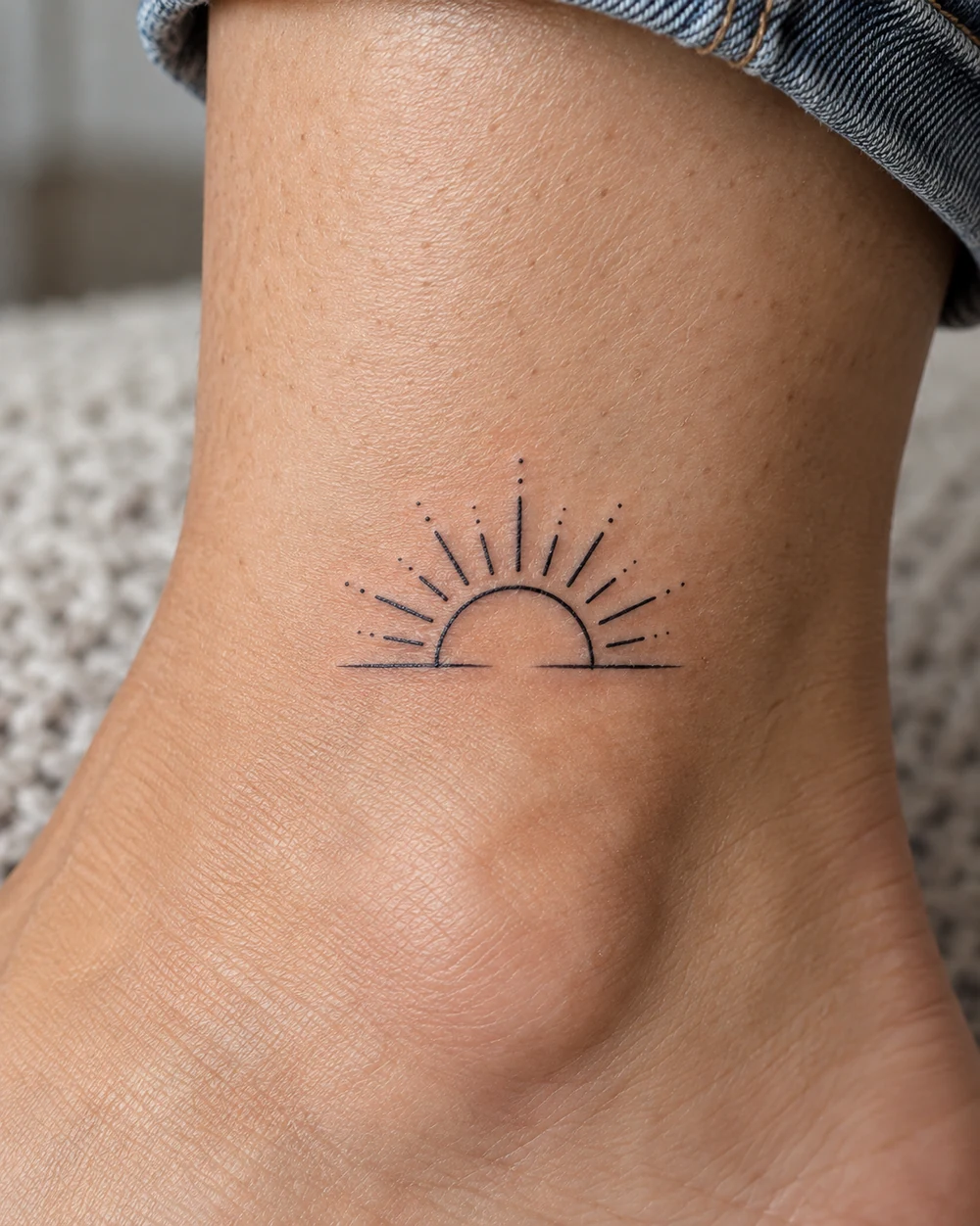 Fine-line geometric half-sun tattoo with radiating lines and dots above the ankle