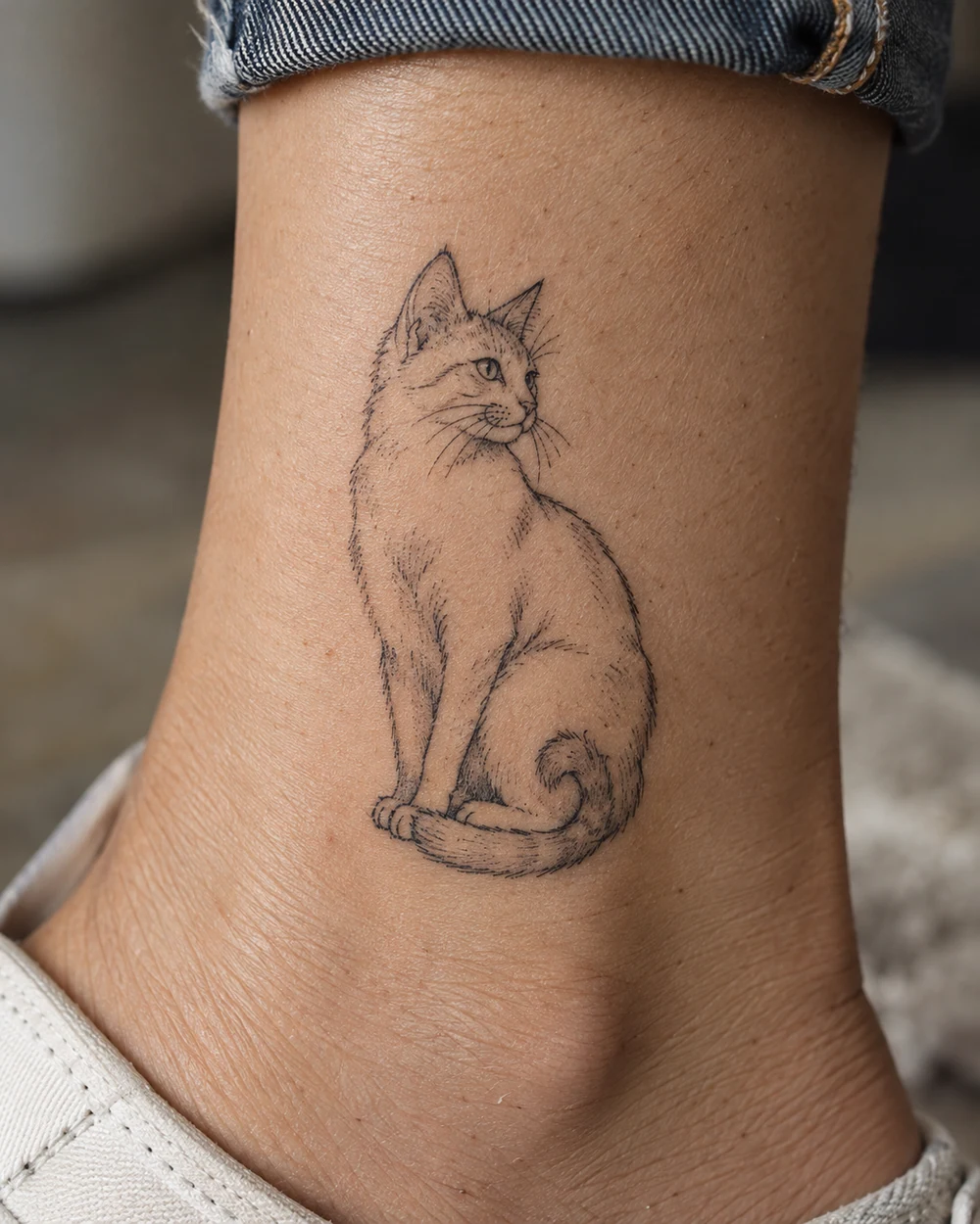 Compact black fine-line tattoo of a sitting cat with pointed ears and a curled tail on an ankle