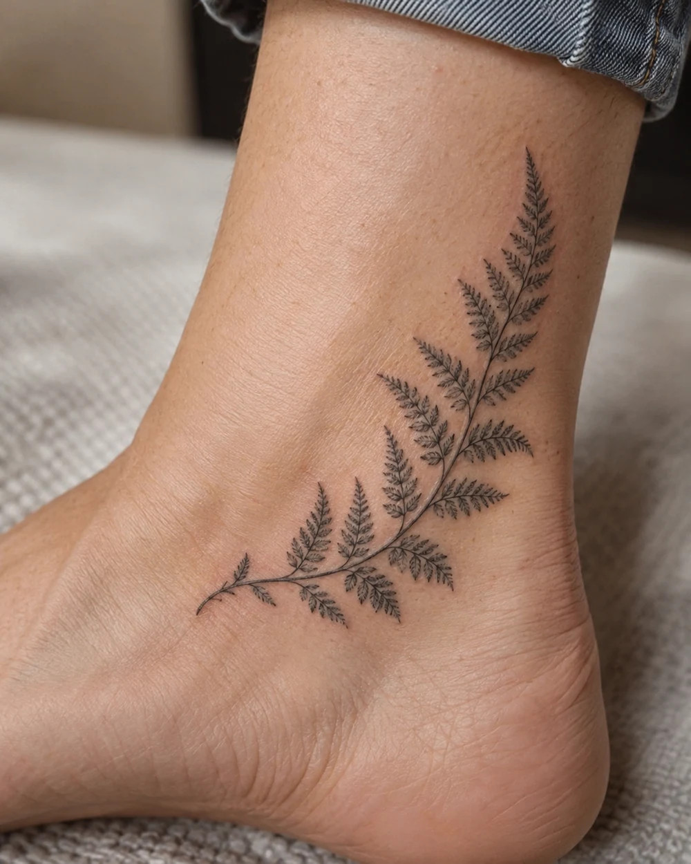 Fine-line fern tattoo curving around an ankle bone