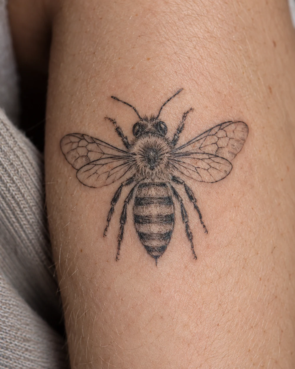 Compact black fine-line honeybee tattoo with veined wings and a striped abdomen