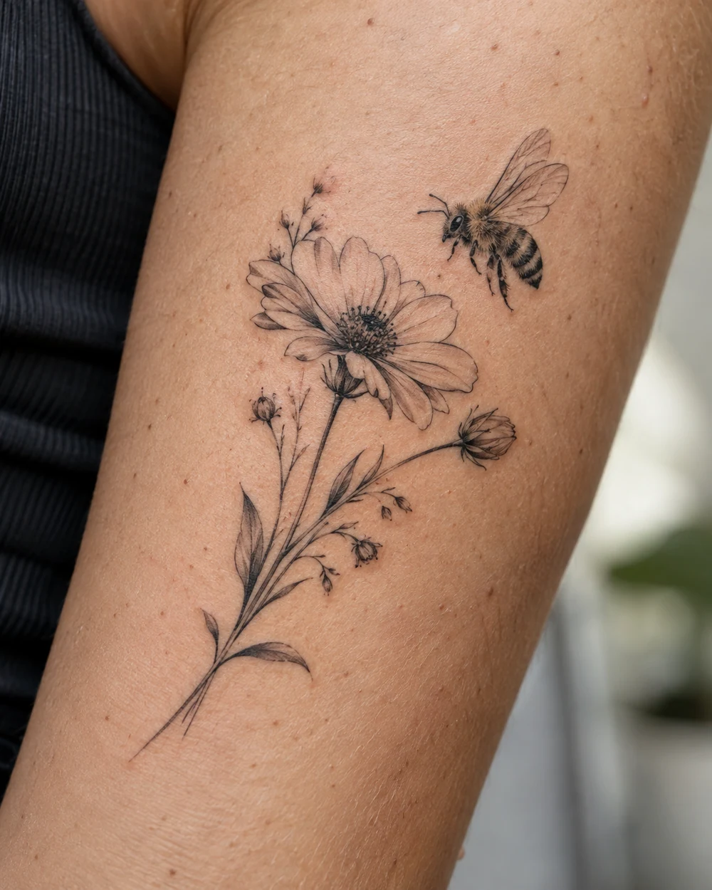 Fine-line bee tattoo hovering beside an open wildflower with diagonal stems