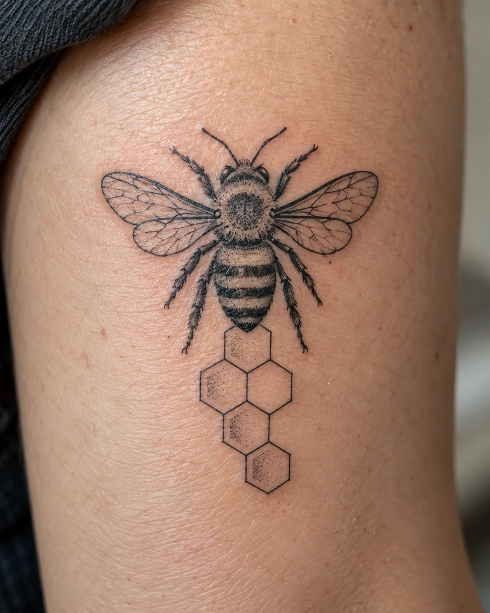 Detailed bee tattoo above a small stack of outlined honeycomb cells