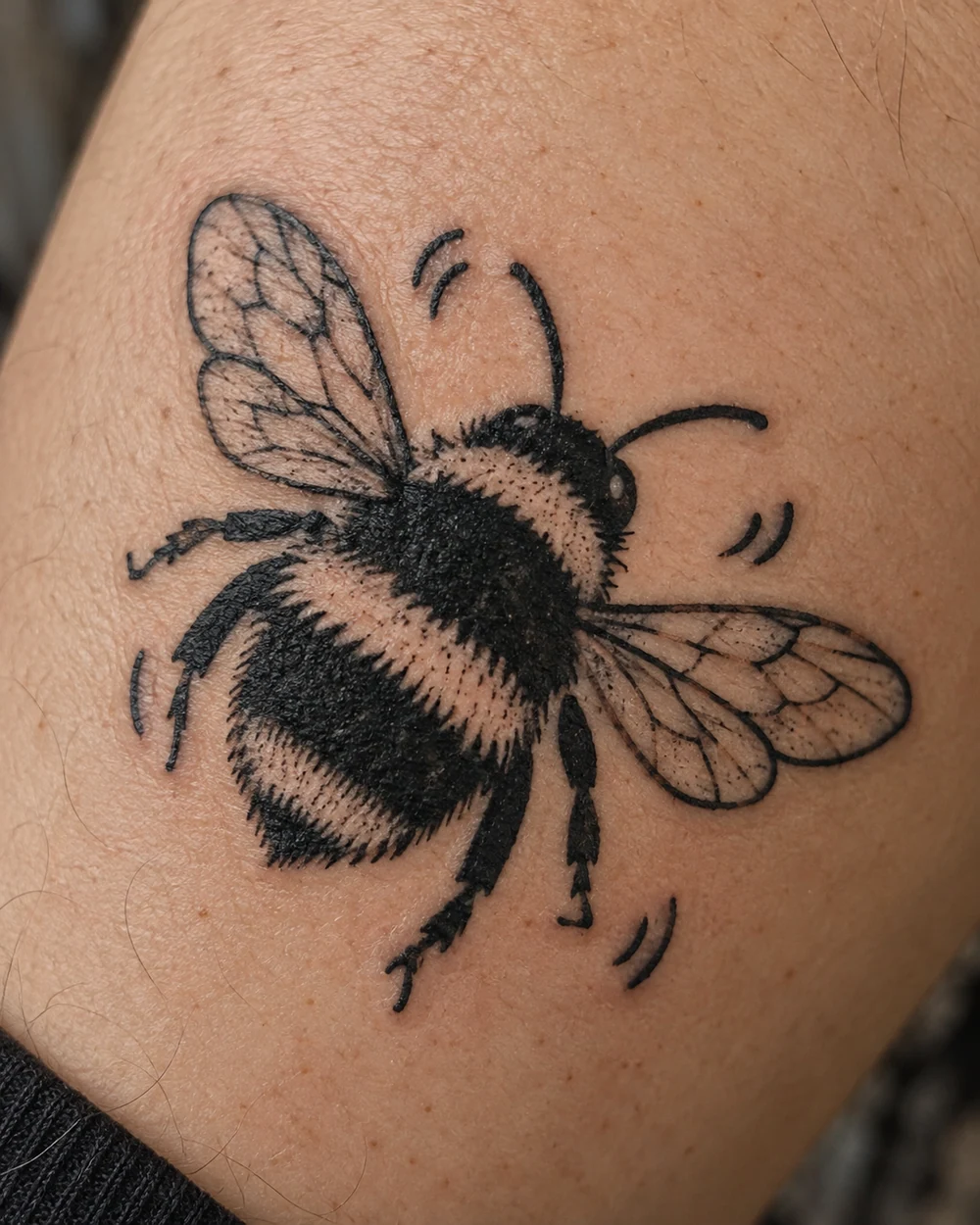 Rounded blackwork bumblebee tattoo with separated wings and motion marks on a forearm