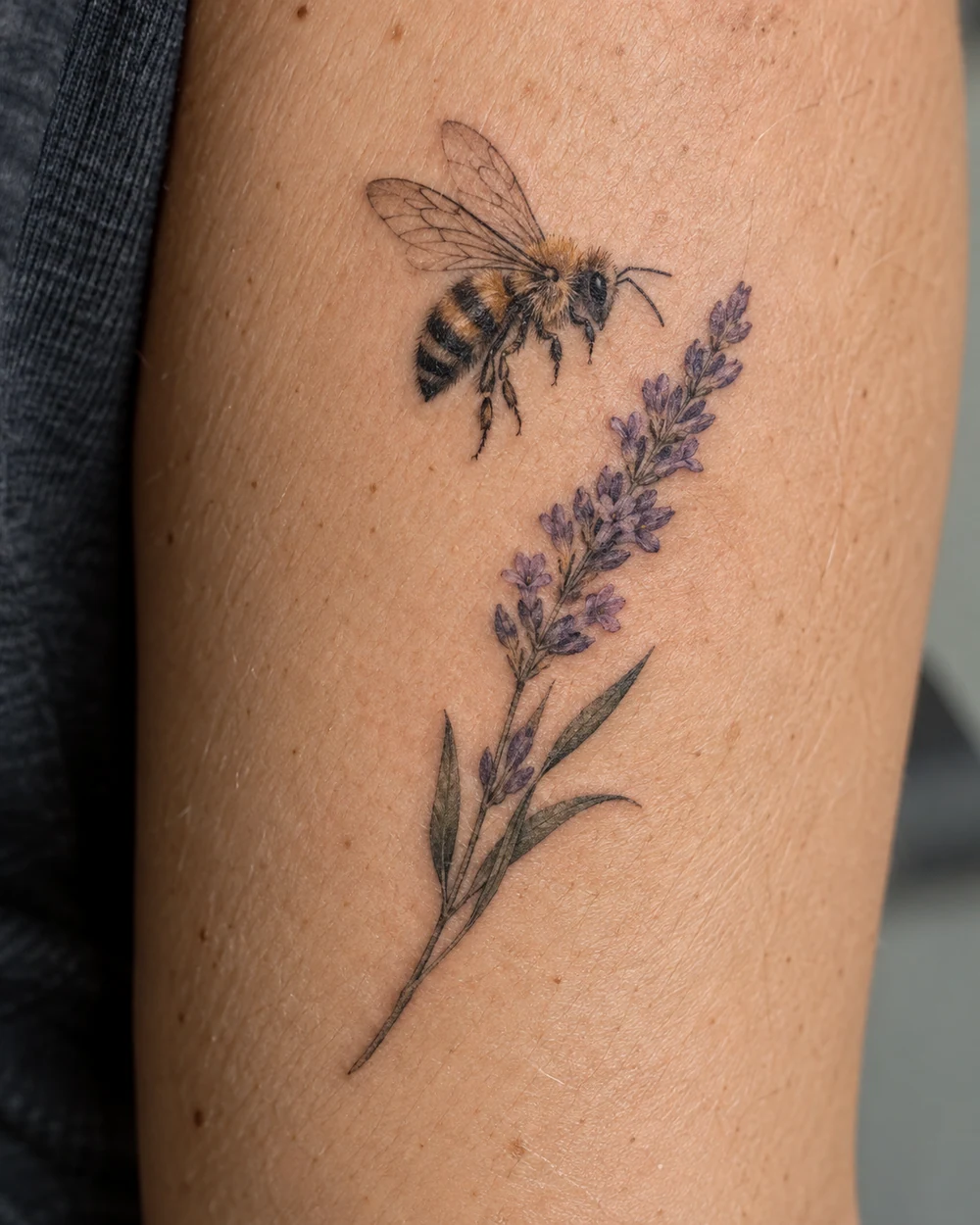Fine-line bee tattoo above a purple lavender sprig with slender leaves