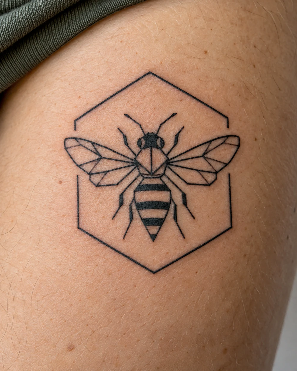 Fine-line geometric bee tattoo inside an open hexagon