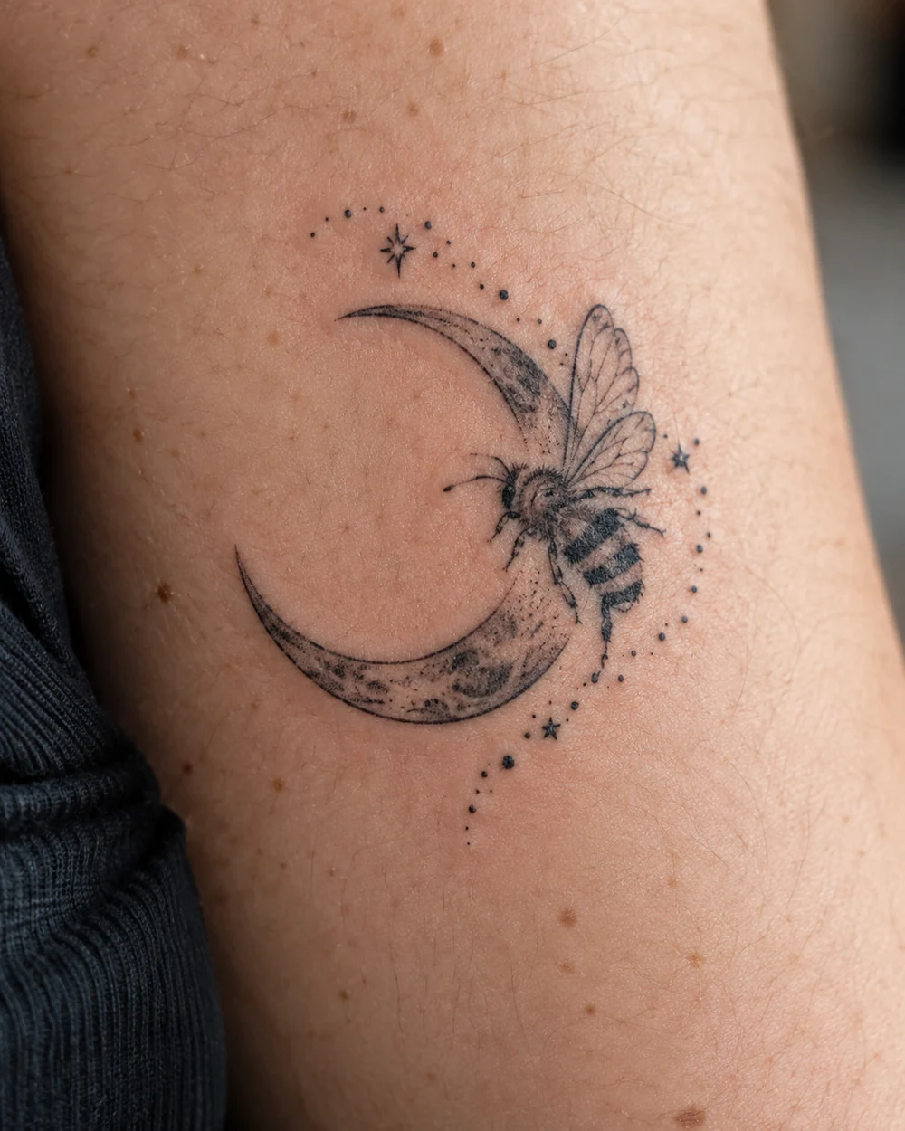 Blackwork bee tattoo curving around a crescent moon with dot accents
