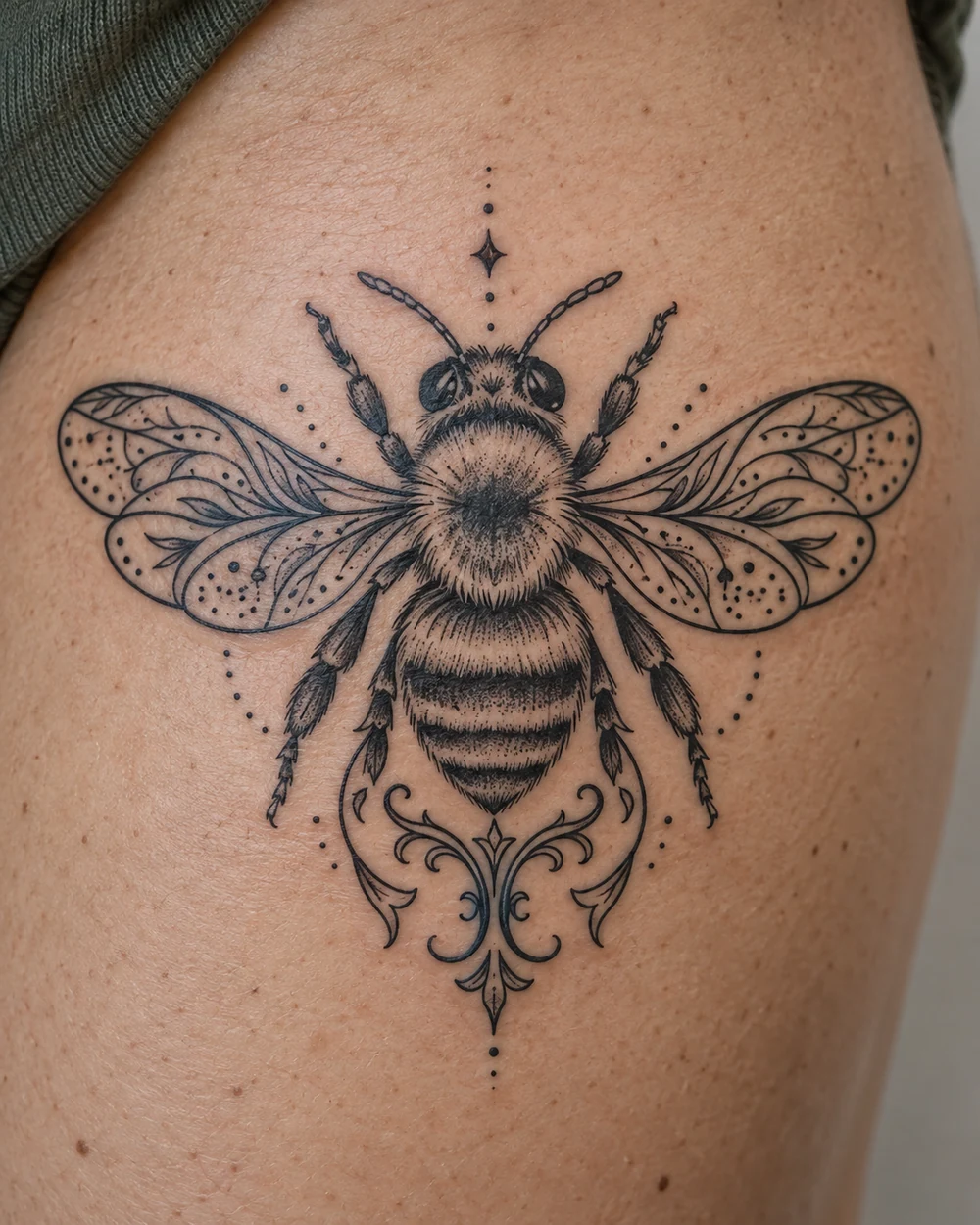 Symmetrical ornamental bee tattoo with patterned wings, scrollwork, and dot accents
