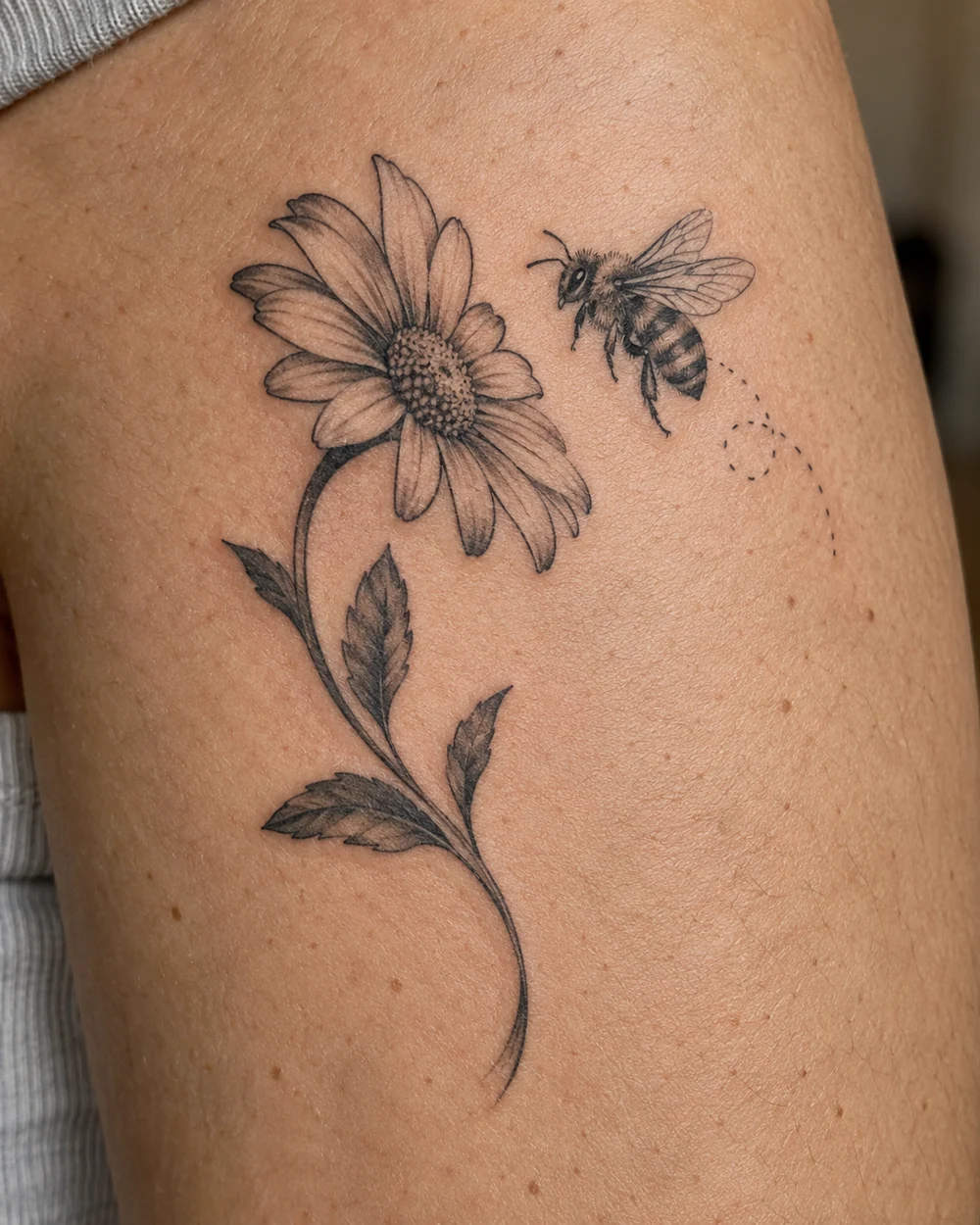 Bee tattoo flying past an open daisy with a curved stem and compact leaves