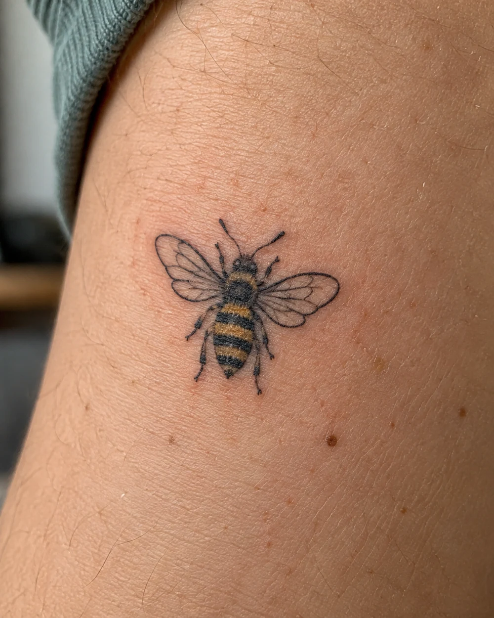 Tiny black-and-gold bee tattoo with a striped body and open outlined wings on the arm