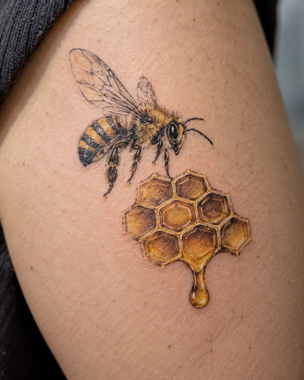 Detailed bee tattoo hovering above a small golden honeycomb cluster with one rounded honey drip