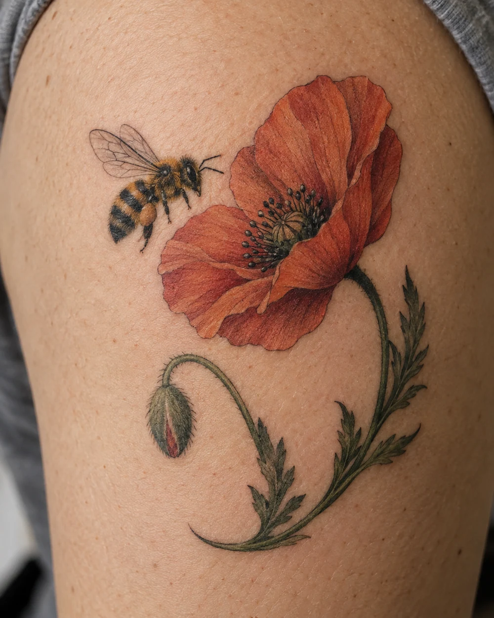 Color tattoo of a bee approaching a broad-petaled red poppy with a curved leafy stem on the upper arm