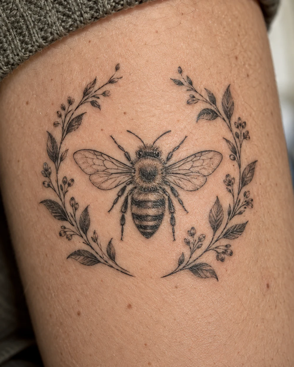 Bee tattoo centered within an open wreath of leaves and buds
