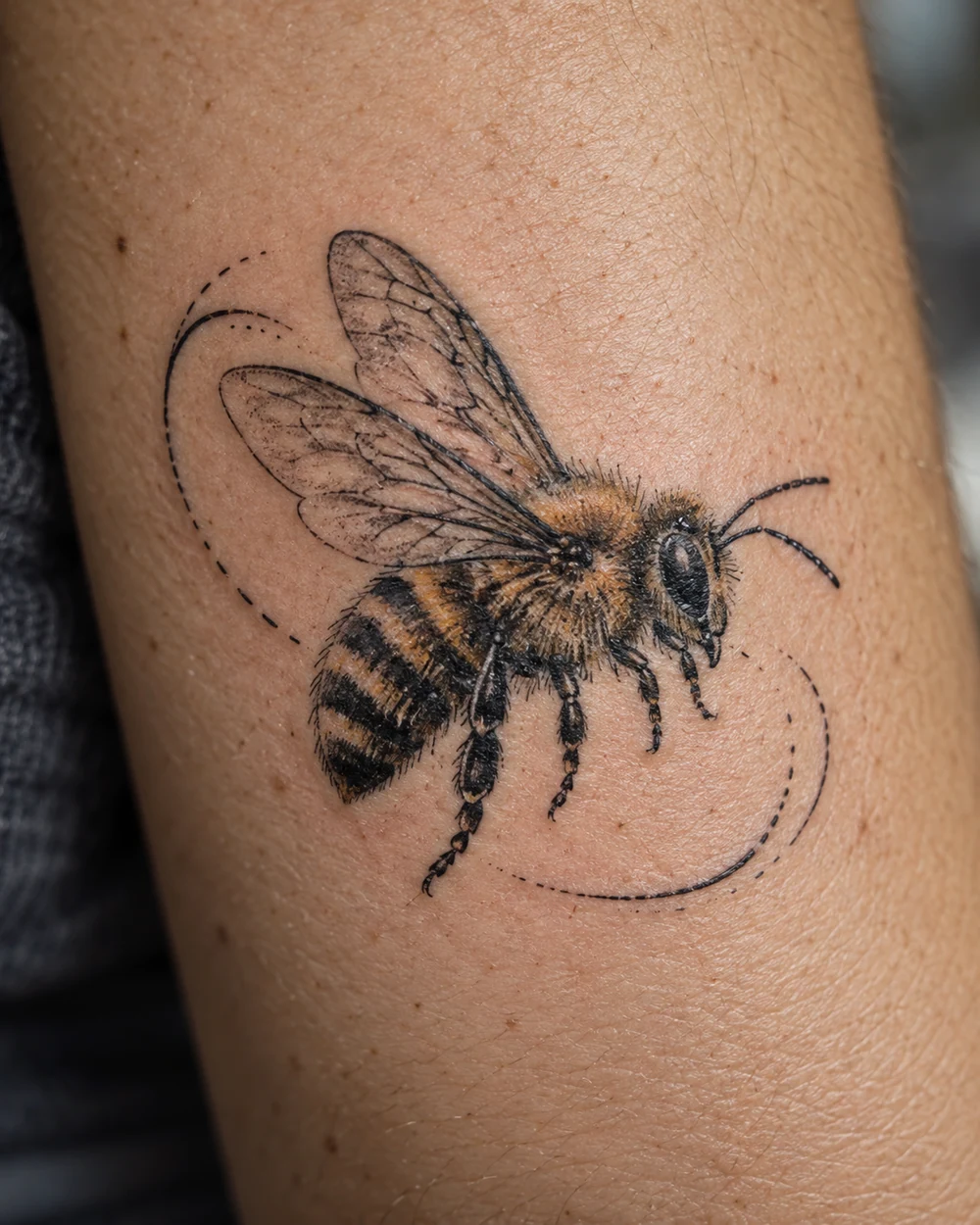 Black-and-gold flying bee tattoo in three-quarter view with overlapping wings and curved motion trails