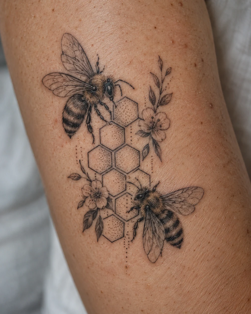 Bee tattoo with two bees around an outlined honeycomb cluster on the outer upper arm