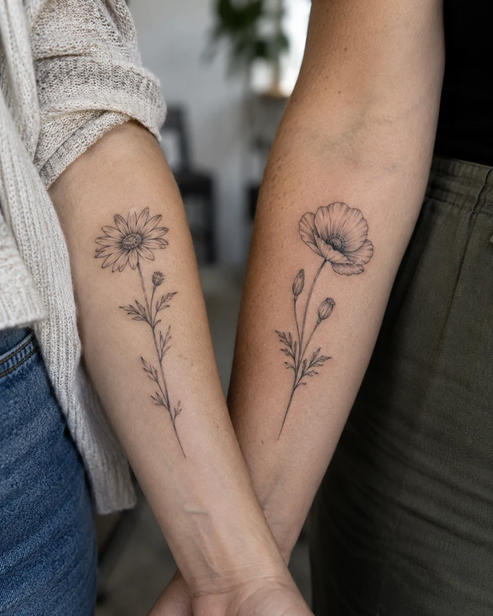 Complementary fine-line daisy and poppy stem tattoos displayed on two forearms