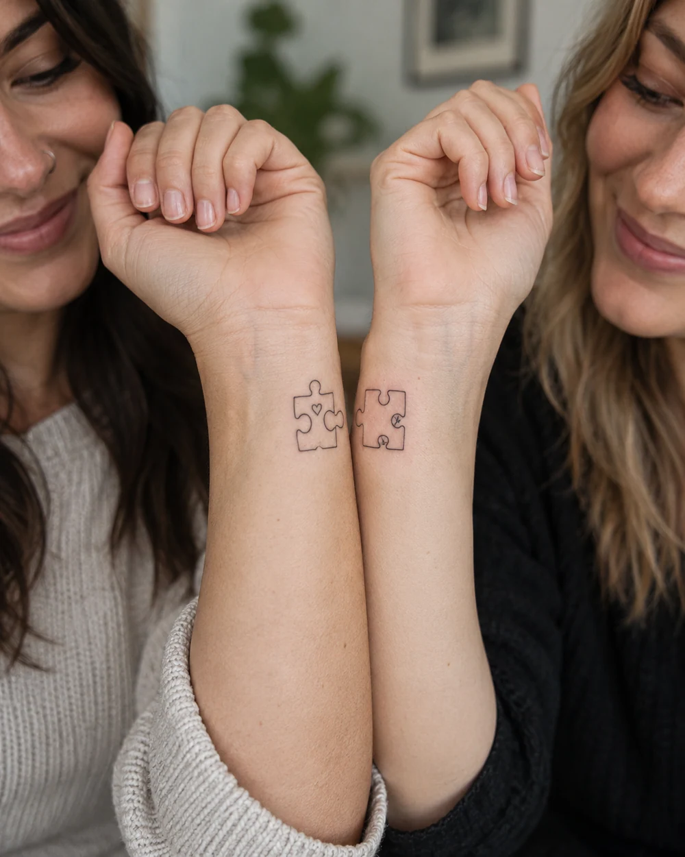 Matching fine-line puzzle piece tattoos on two adult women’s wrists