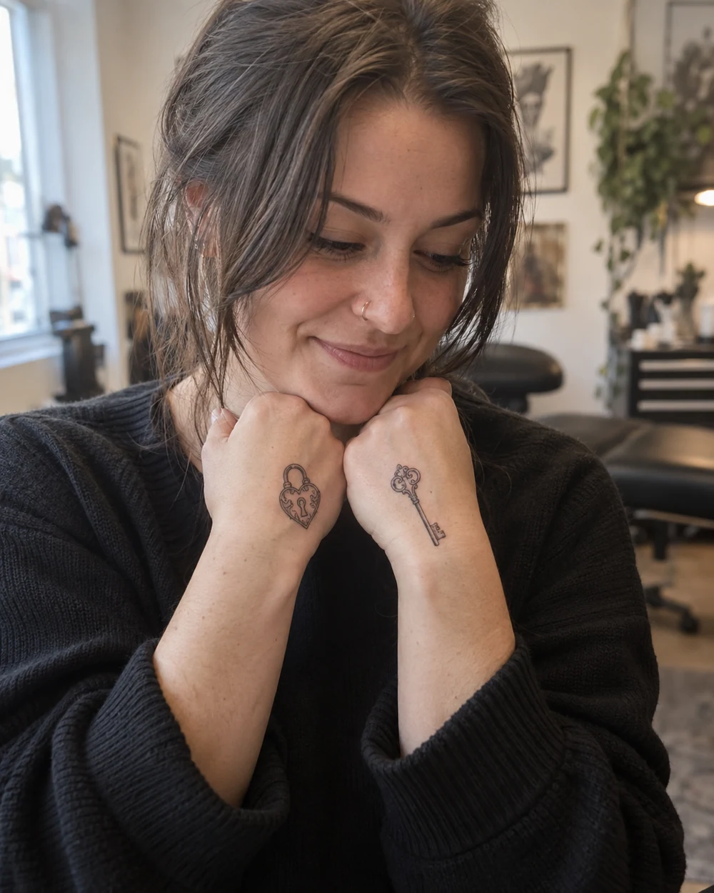 Woman displaying a fine-line heart-shaped lock tattoo and matching ornate key tattoo on her hands