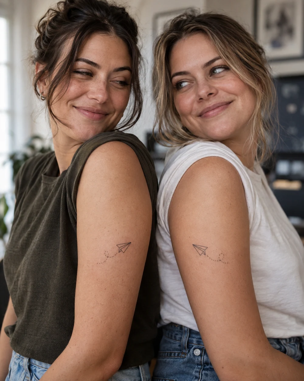 Two women with matching fine-line paper plane tattoos and dotted flight trails on their upper arms
