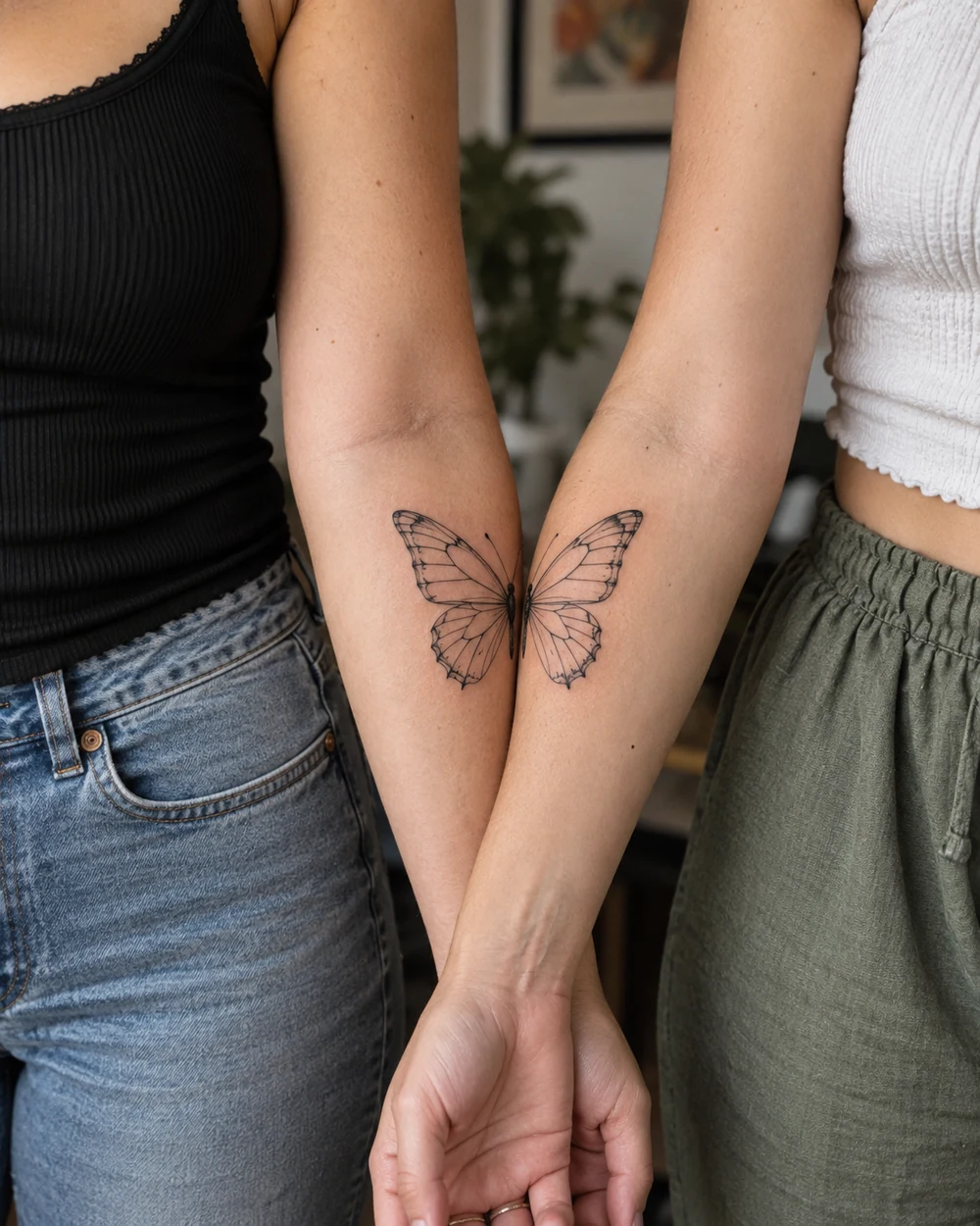 Matching fine-line butterfly wing tattoos meeting across two adult women’s forearms