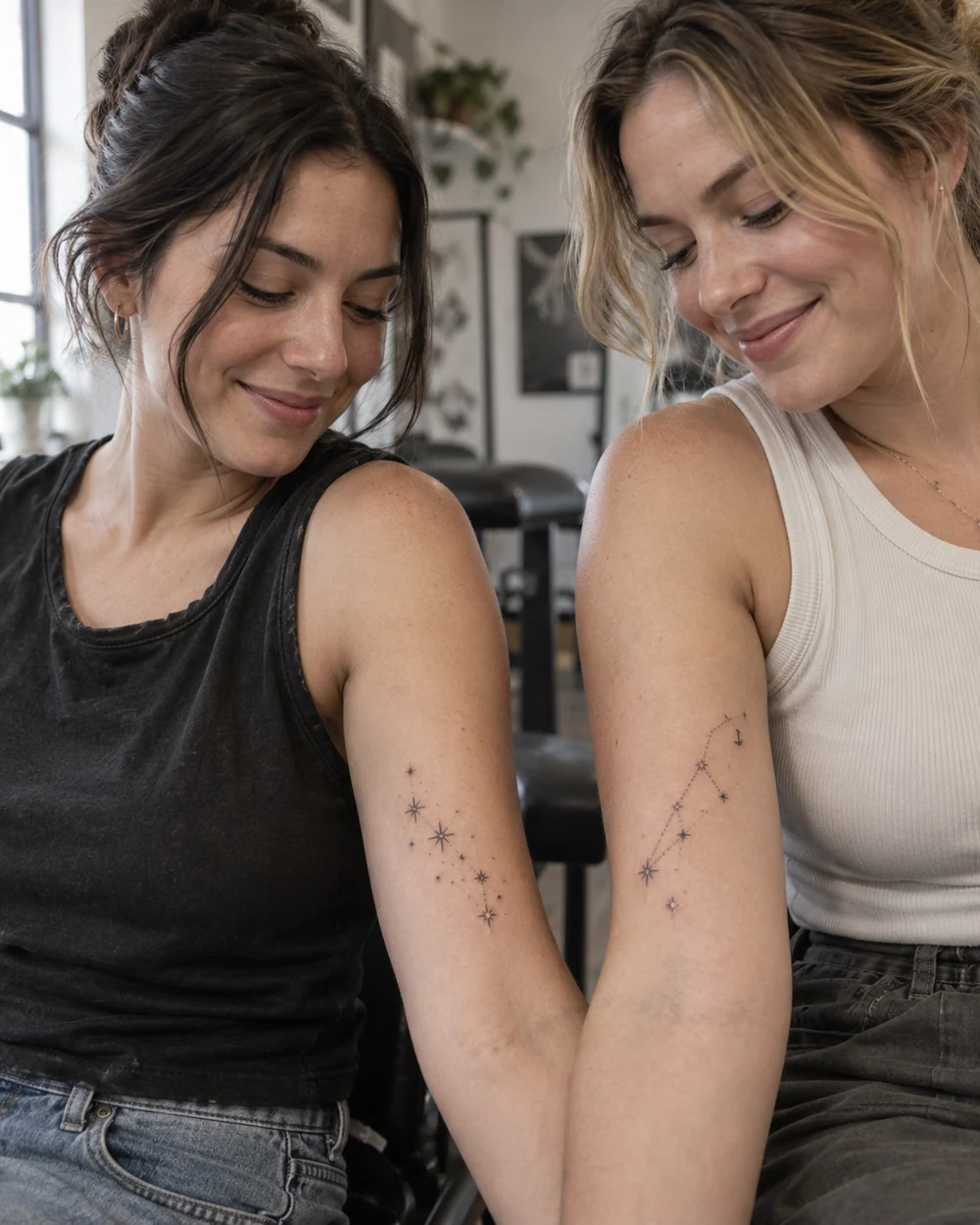 Two women showing complementary fine-line star cluster and constellation tattoos on their inner arms