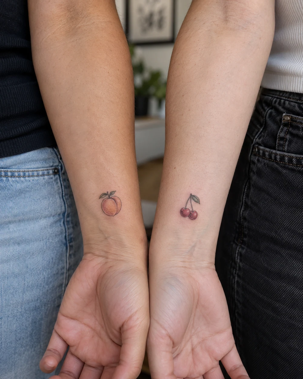 Two wrists with complementary fine-line peach and cherry tattoos