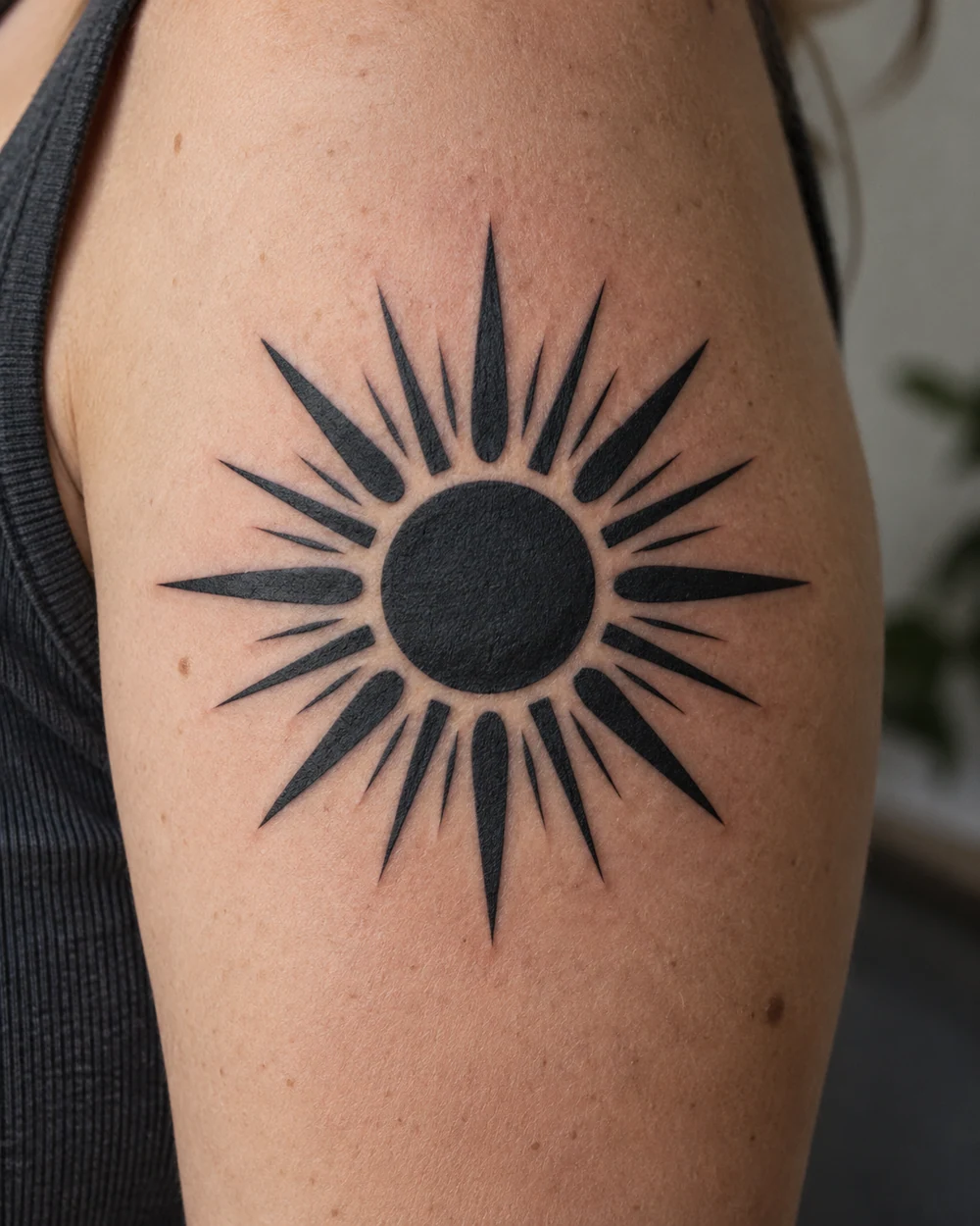Black geometric sunburst tattoo with a solid circular center and alternating tapered rays on an upper arm