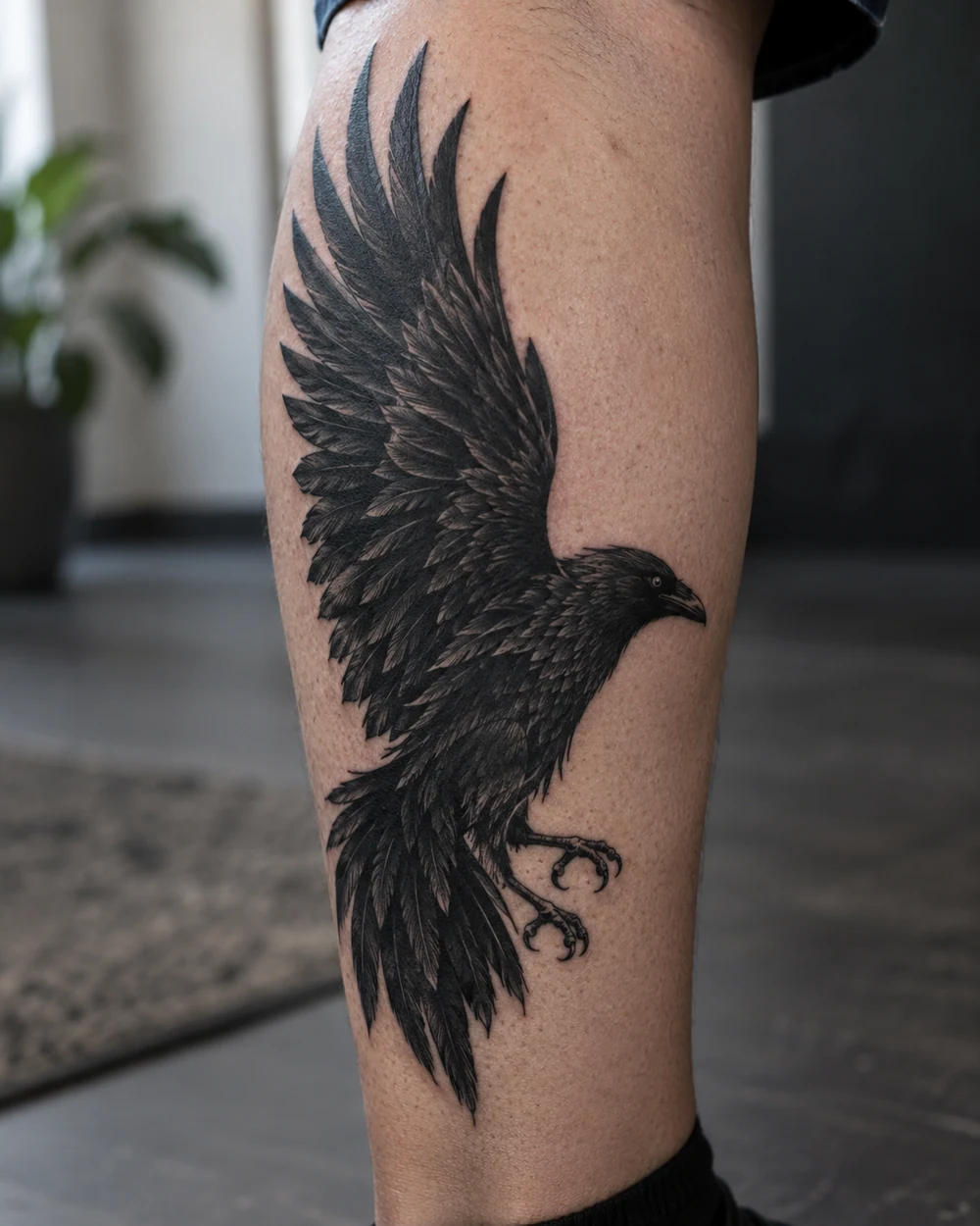 Blackwork raven tattoo in profile with a lifted wing and layered feathers on a calf