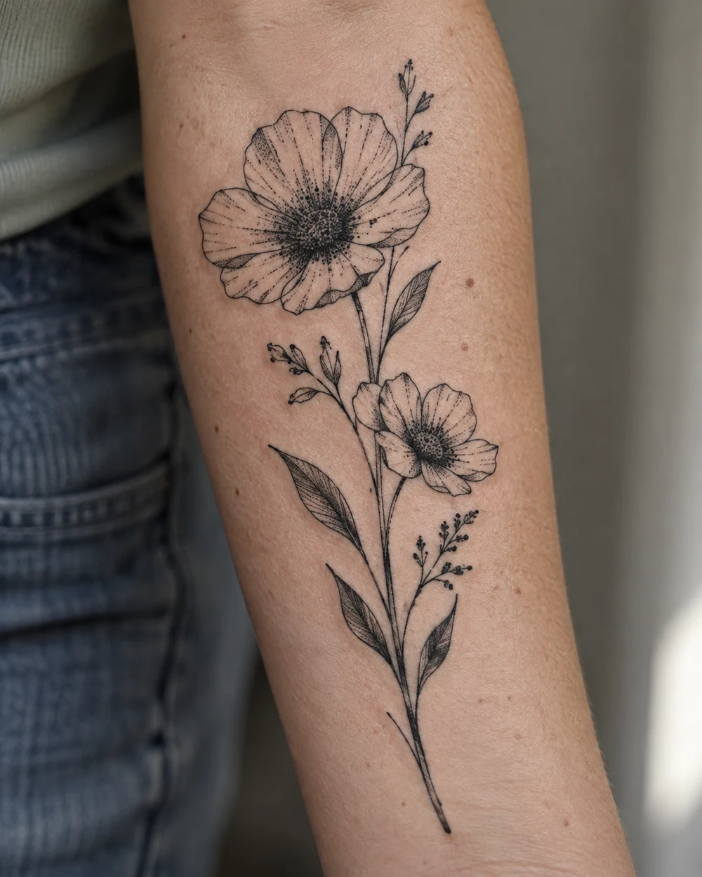 Blackwork tattoo of two open-petal wildflowers with stippled centers and fine leaves along an inner forearm