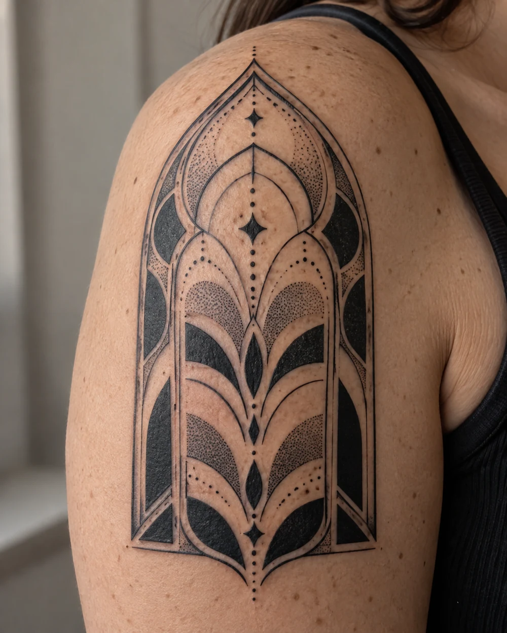 Blackwork ornamental arch tattoo with nested curves, dotwork, and solid black wedges on a shoulder