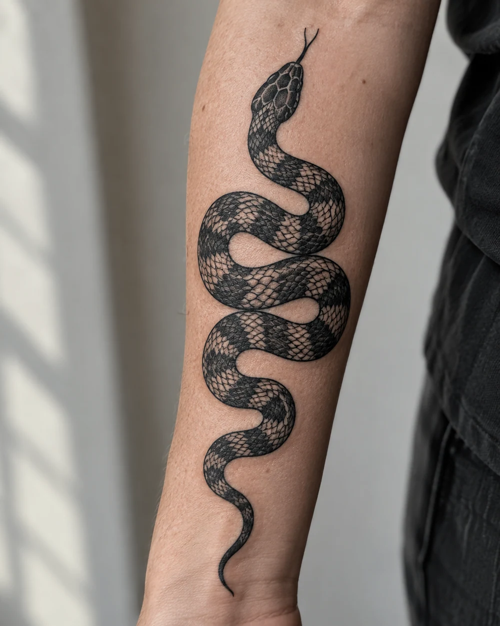 Black geometric tattoo of a coiled snake with angular segments and a defined head on skin