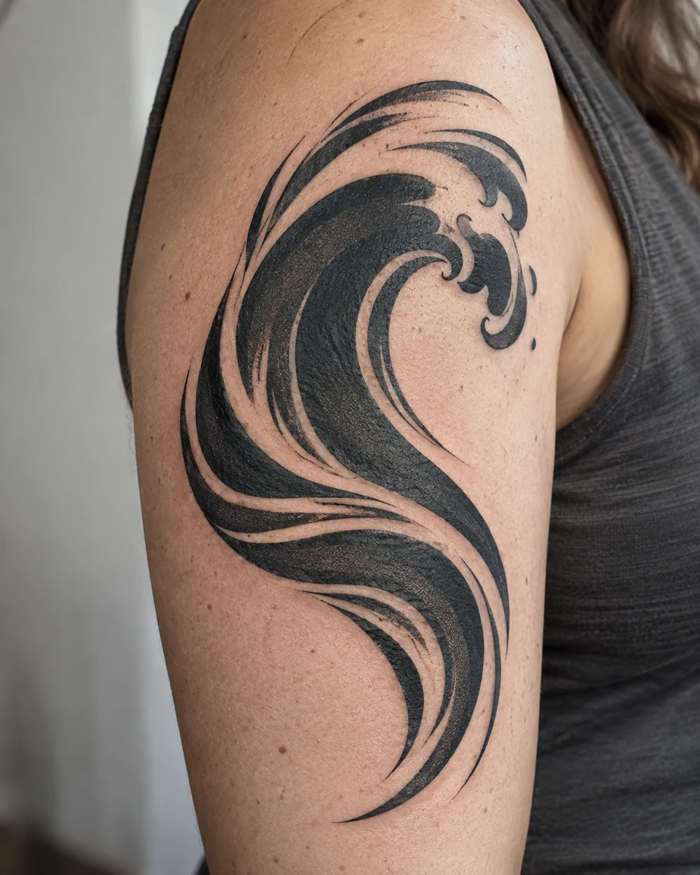 Abstract curling blackwork wave tattoo on an upper arm