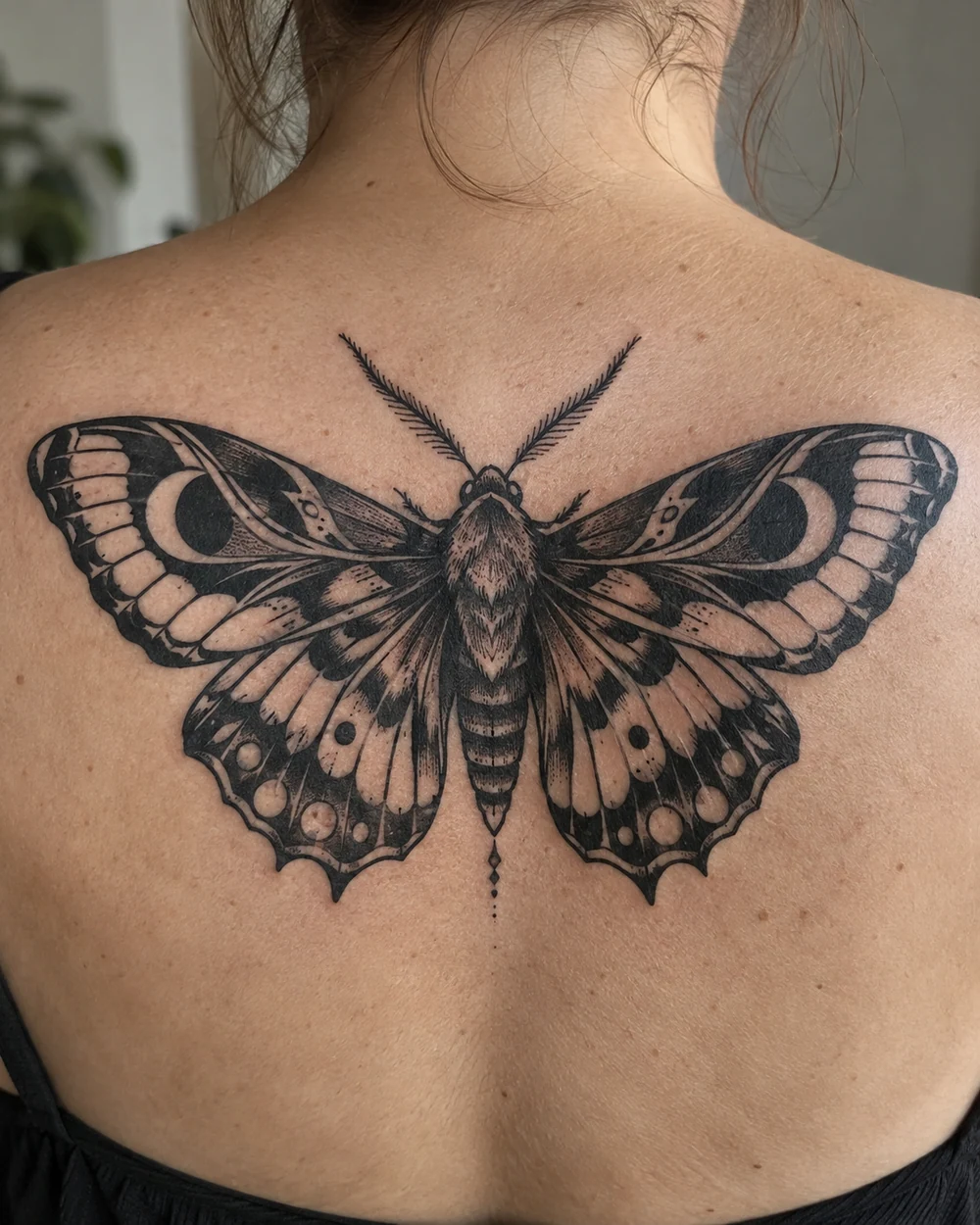 Symmetrical blackwork moth tattoo centered on an adult upper back
