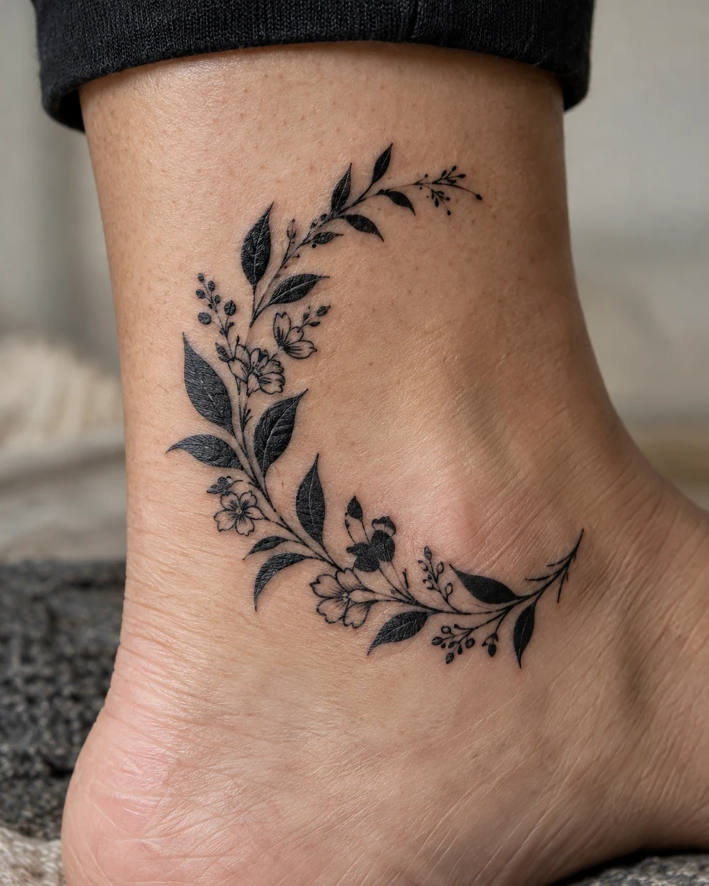 Black botanical crescent tattoo with fine stems, leaves, and small blossoms on an ankle