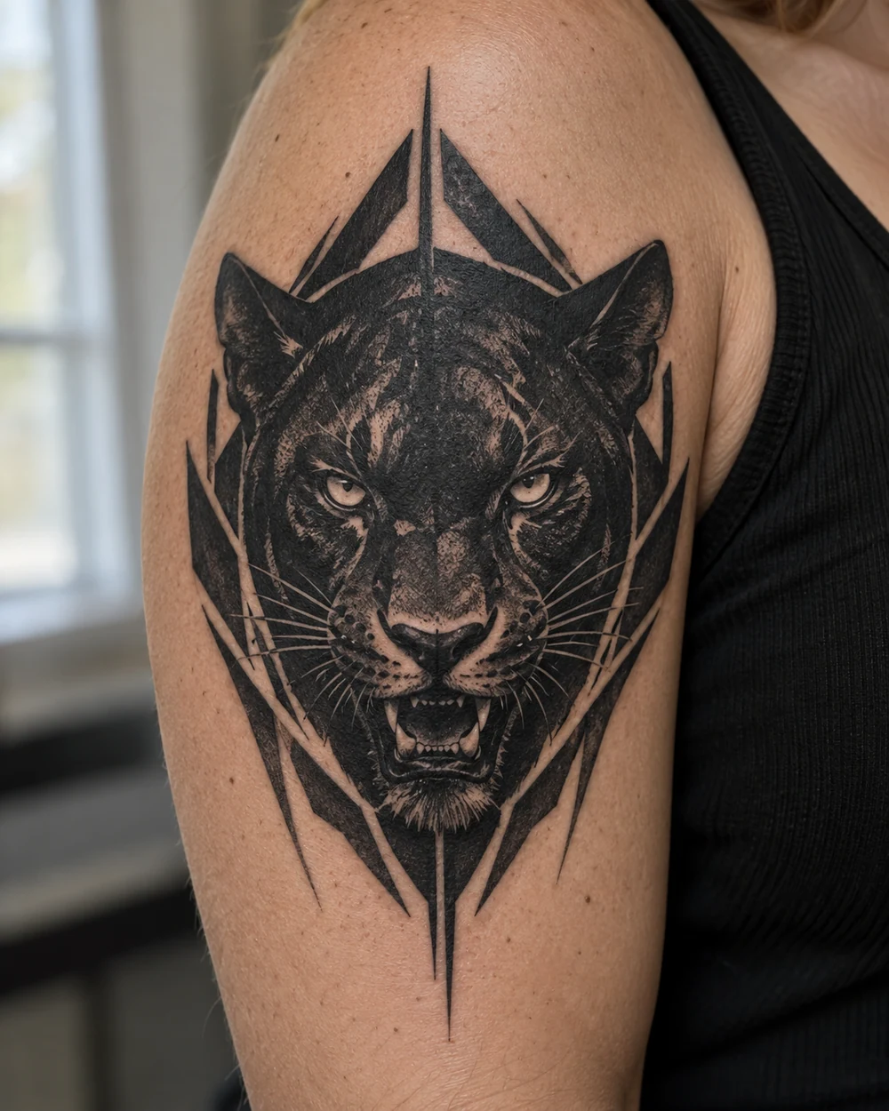 Blackwork panther head tattoo with angular framing and negative-space facial details on an upper arm