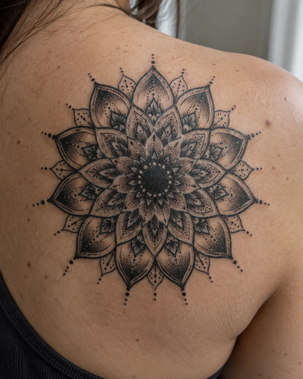 Blackwork mandala tattoo with concentric petals, dark center, and dotted accents on a shoulder blade