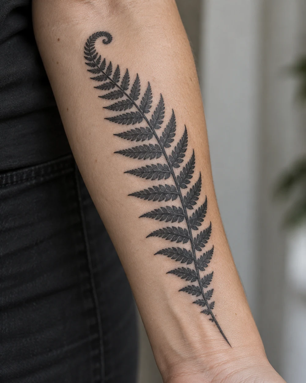 Curved blackwork fern frond tattoo with tapered leaflets on a forearm