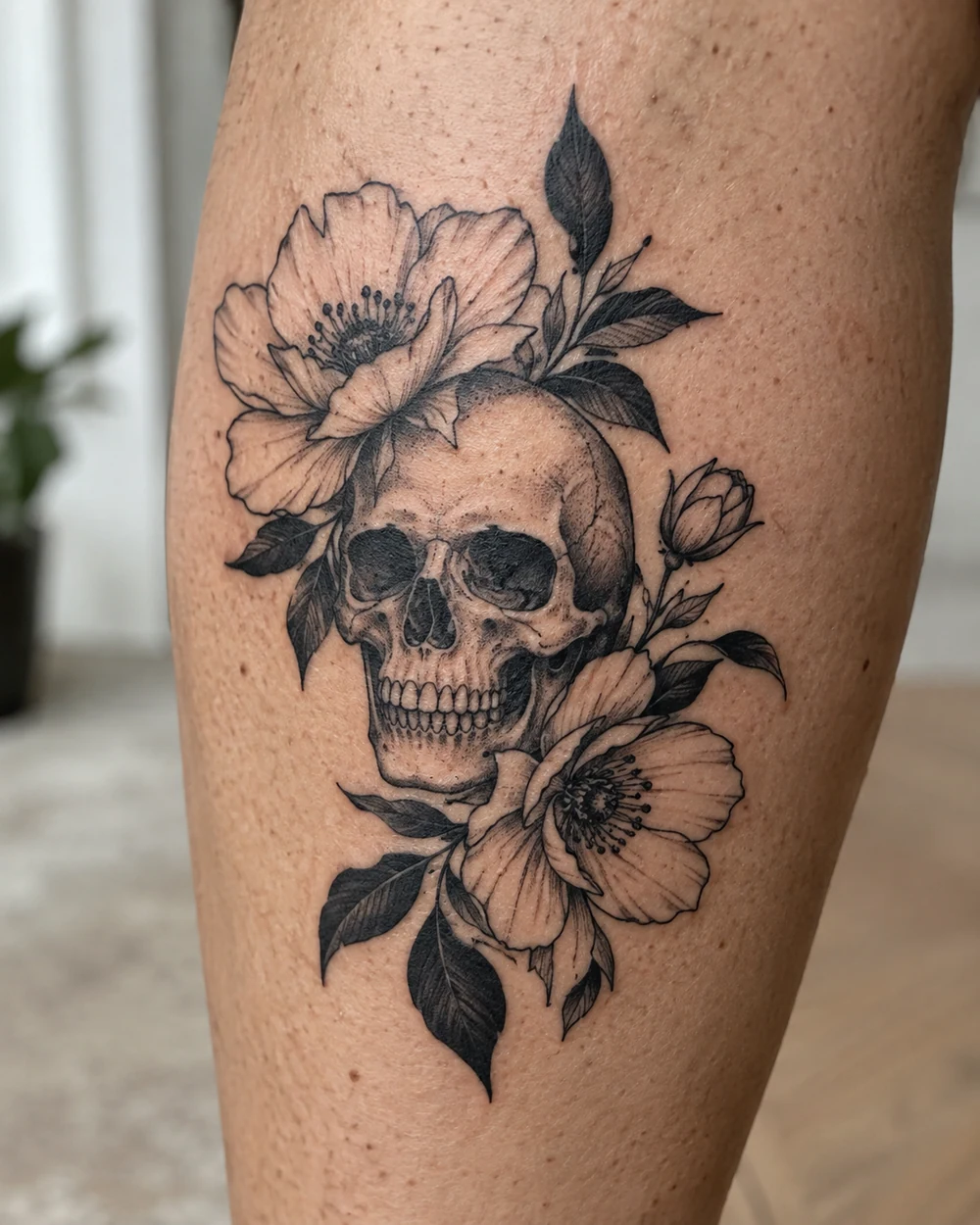 Black skull surrounded by flowers and leaves in a calf tattoo