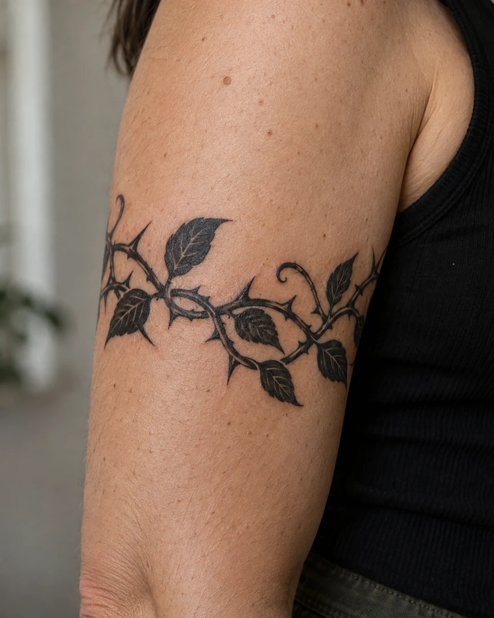 Blackwork tattoo of curling thorned stems and dark veined leaves wrapping around an upper arm