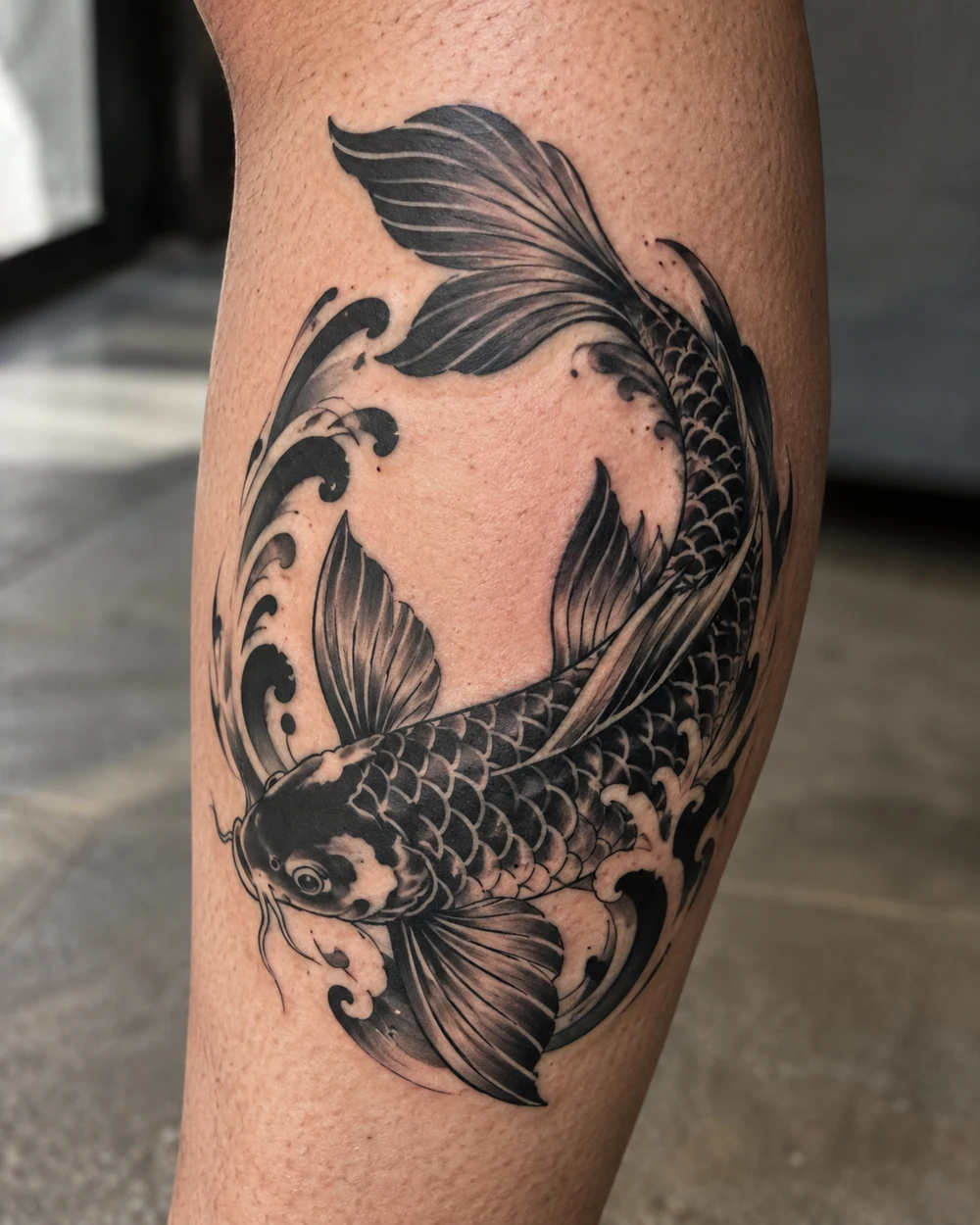 Blackwork koi tattoo curving among waves on a lower leg, with dark scales and sweeping fins