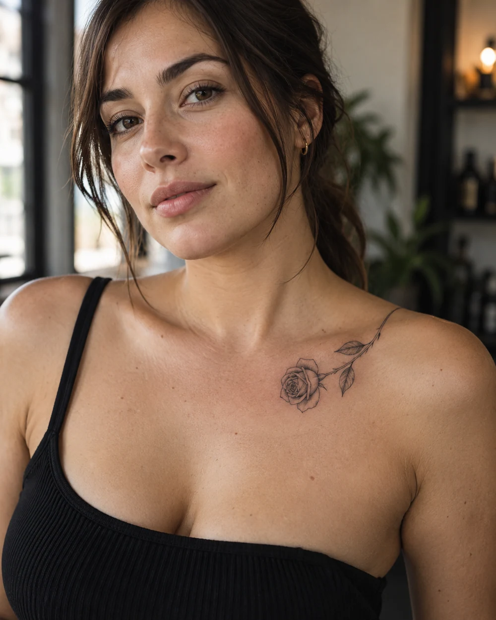 Fine-line single rose tattoo with two leaves and a curved stem below the collarbone, extending toward the shoulder