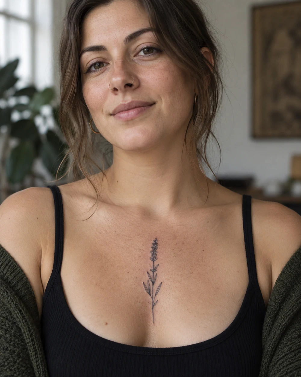 Fine-line lavender sprig tattoo centered above the sternum
