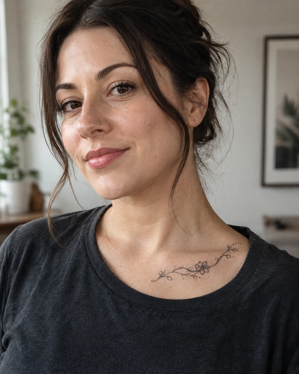Adult woman with a fine-line floral tattoo featuring a small flower, curved flourishes, and dots along her collarbone