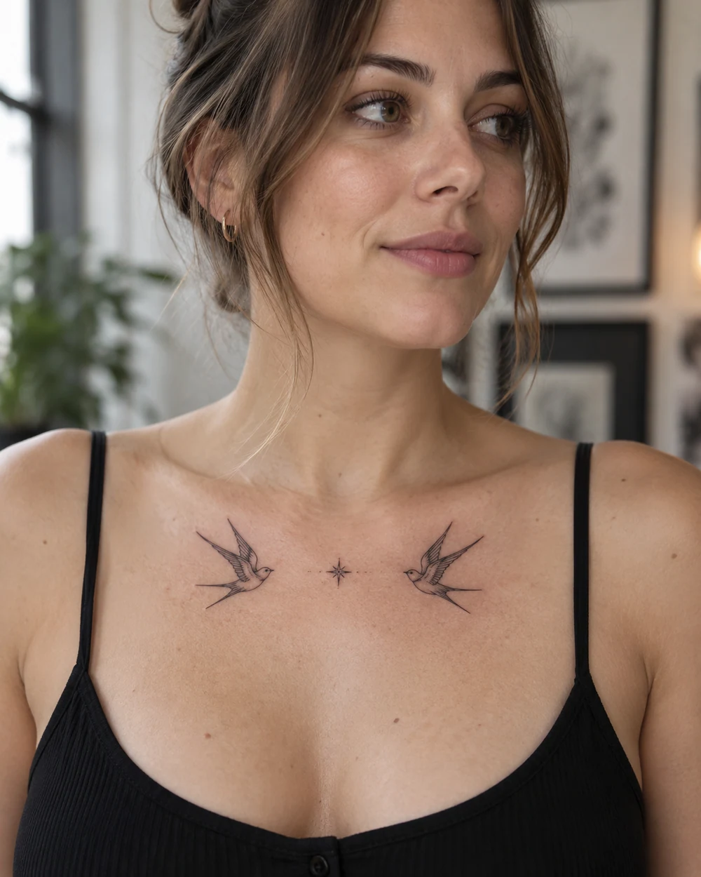 Fine-line chest tattoo of two inward-facing swallows framing a tiny star