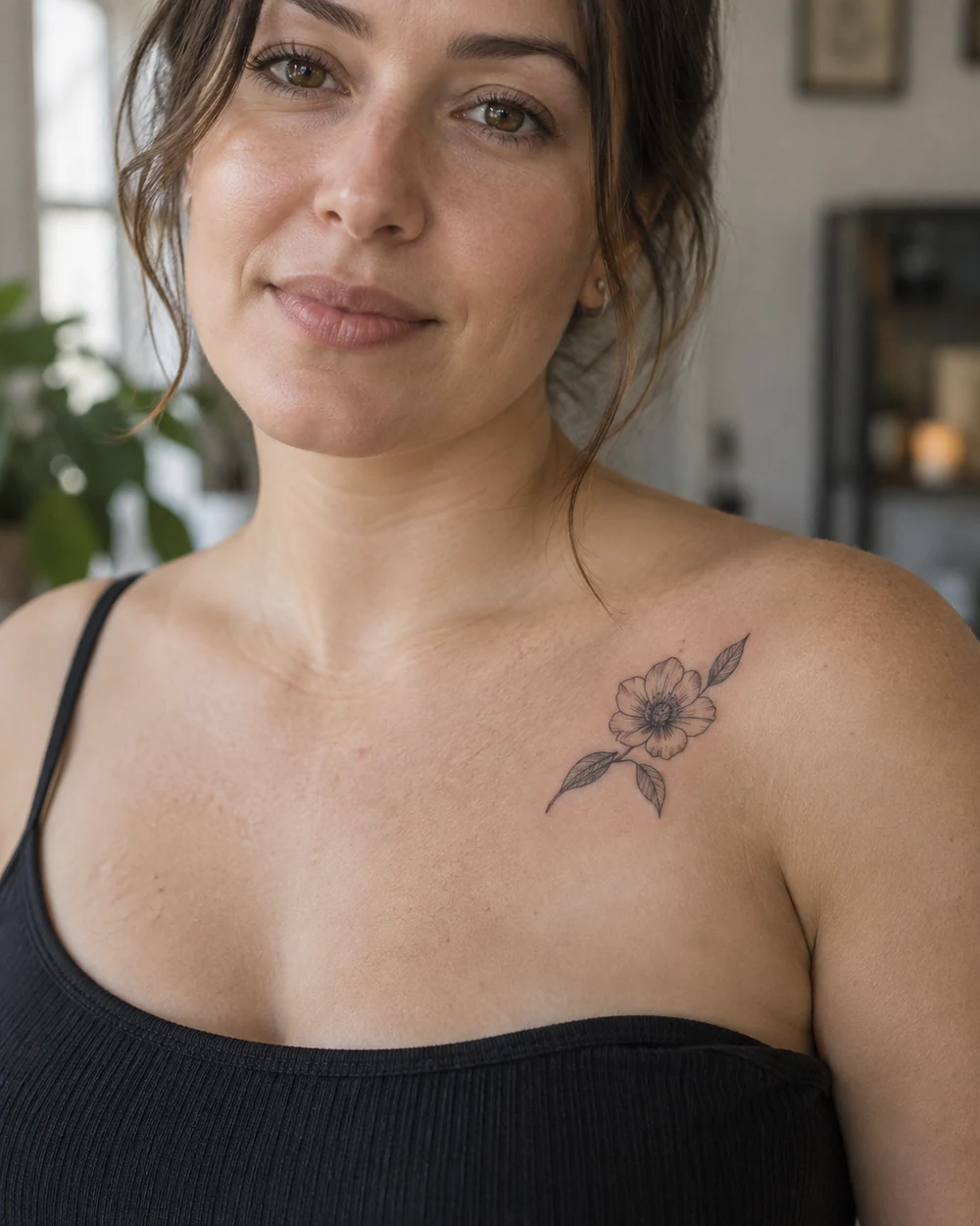 Fine-line black tattoo of an open flower with two paired leaves below a woman’s collarbone